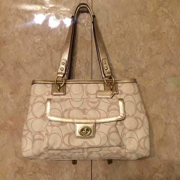 Coach Monogram Penelope Handbag Satchel Gold Leather Ivory Linen Signature C - Picture 2 of 16